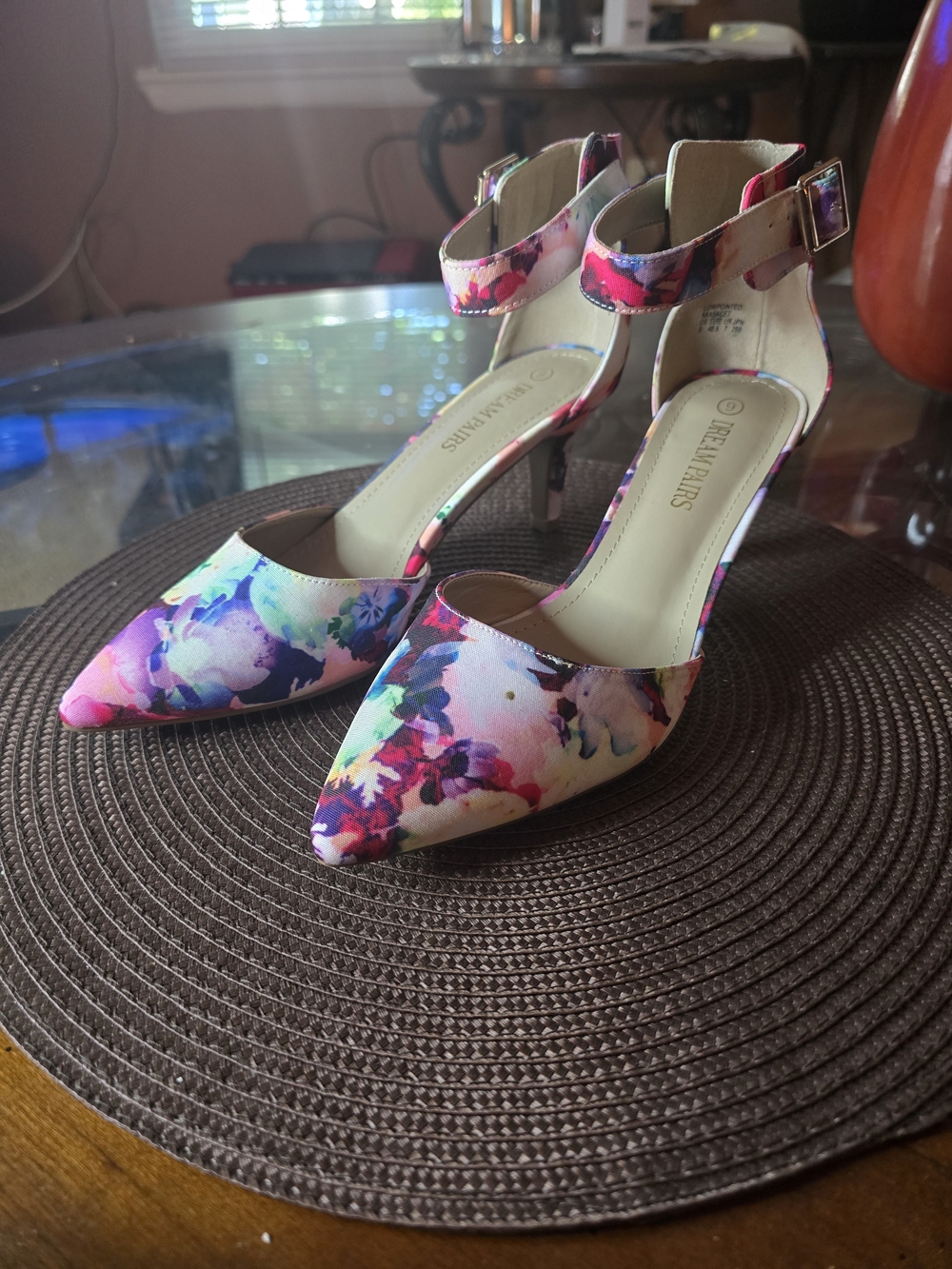 Dream Pairs Floral Pointed-Toe Ankle-Strap Heels - Pink Multi